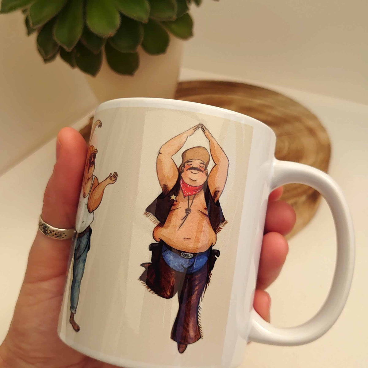 Disco dancing men coffee mug, funny chubby men dancing mug