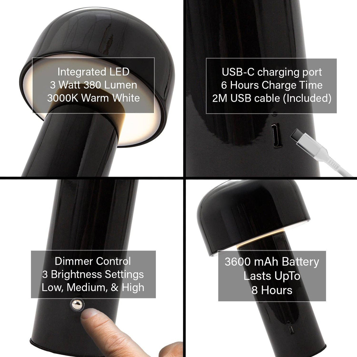 Gloss Black Modern Mushroom Style Rechargeable LED Touch Dimmable Table Lamp