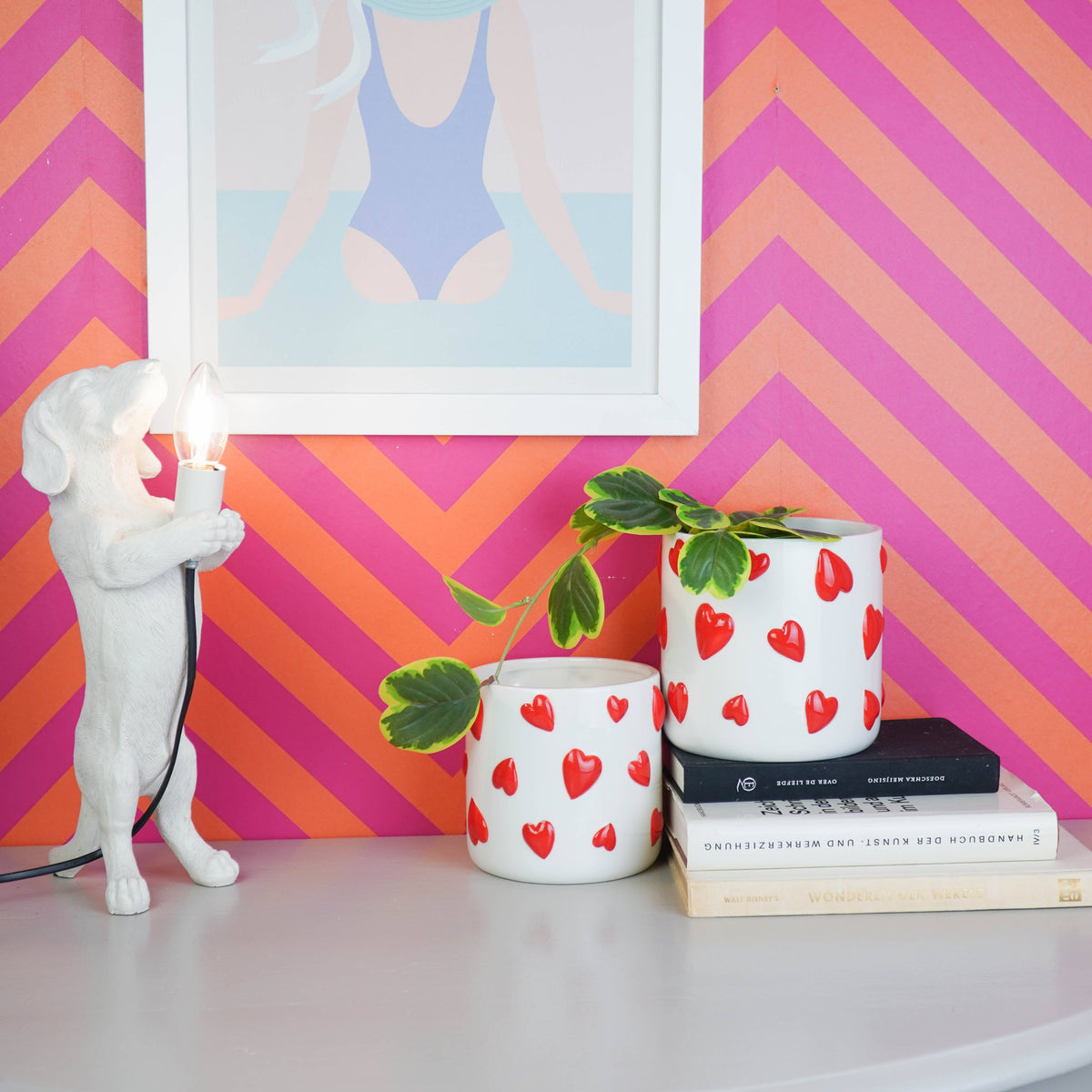 Pot - Planter - Hearts - Dolomite - White/Red - 12.5x12.5x13 cm