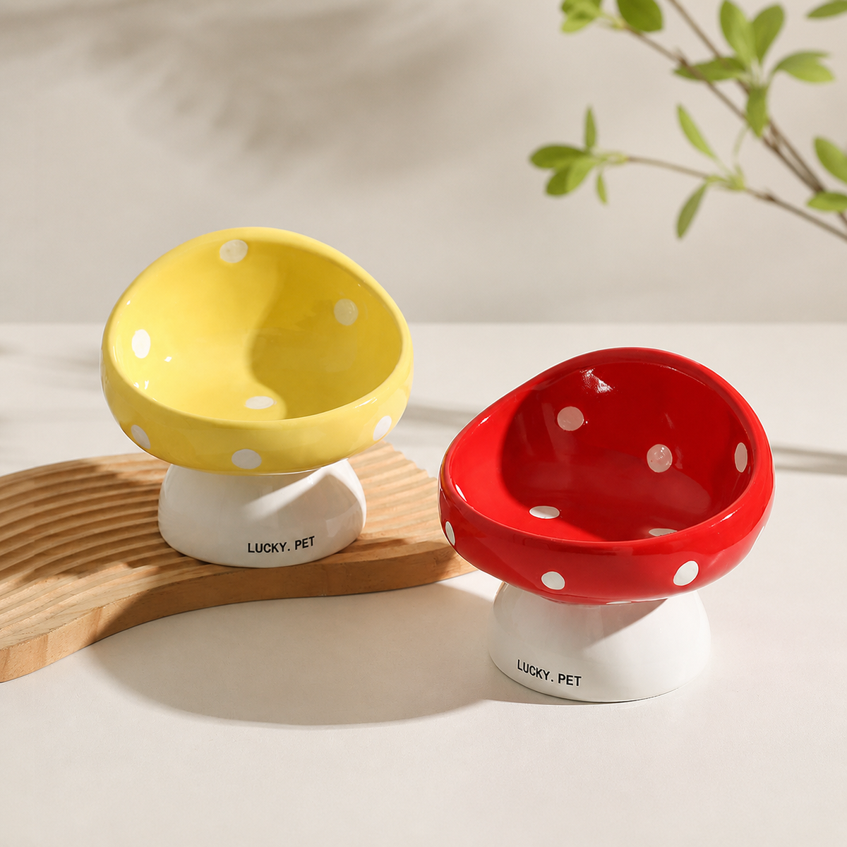 Mushroom Raised Cat Bowl Tilted Ceramic Pet Dish: Tall Red