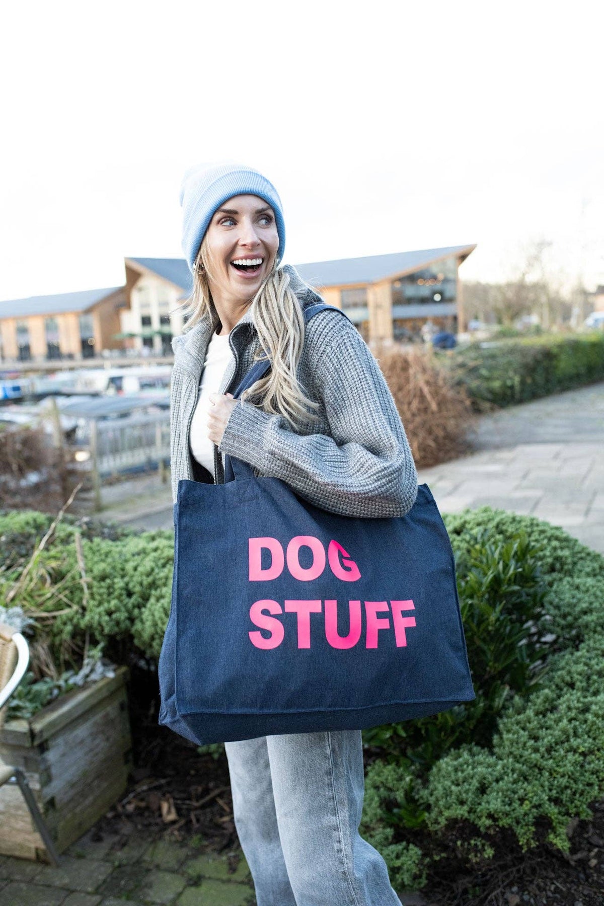 DENIM TOTE BAG WITH NEON PINK PRINT: HOLIDAY STUFF