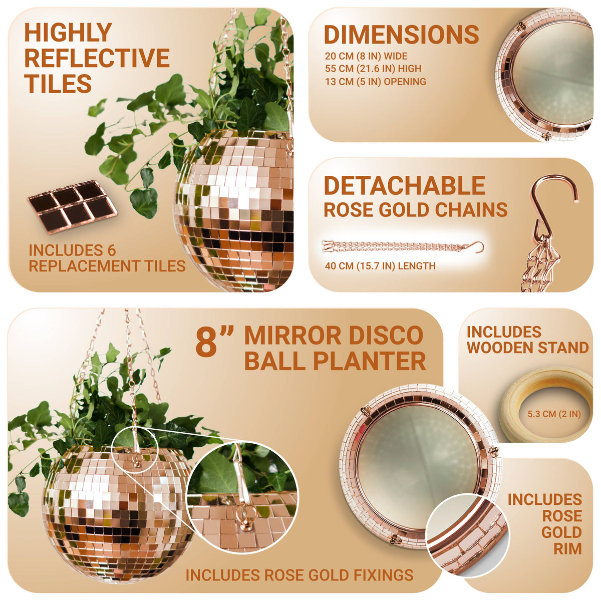 Disco Ball Hanging Planter Rose Gold 8-inch | Giftware