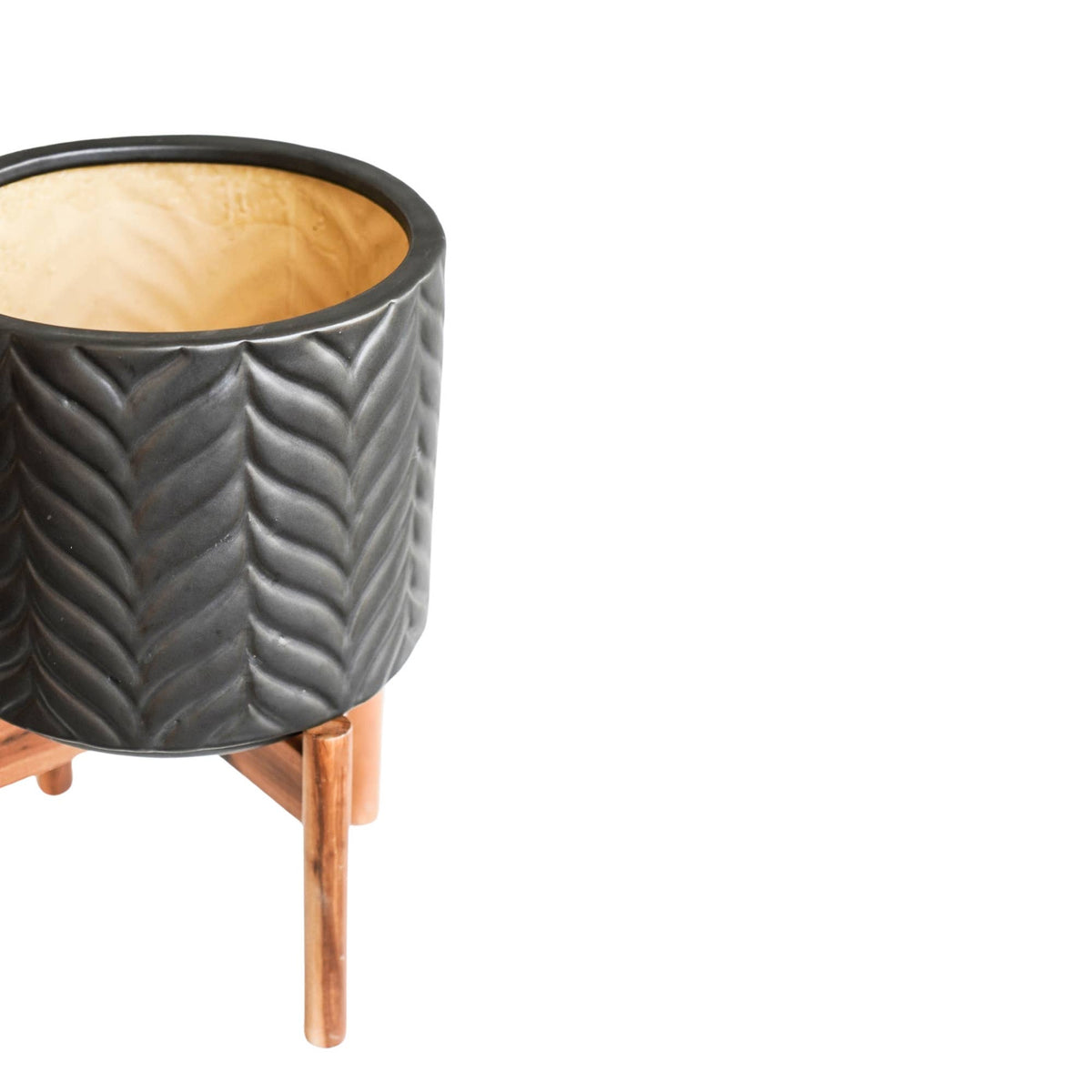 Aspen Glazed Ceramic Indoor Planter with Wooden Stand