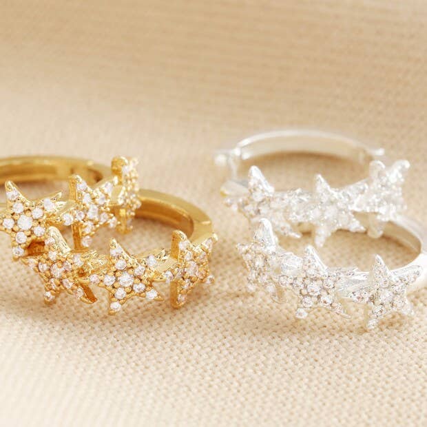 Crystal Triple Star Huggie Earrings: Silver