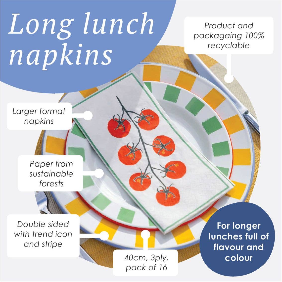 Tomato Long Lunch Paper Napkins - 8 Pack Display | Summer Dinner Napkins |