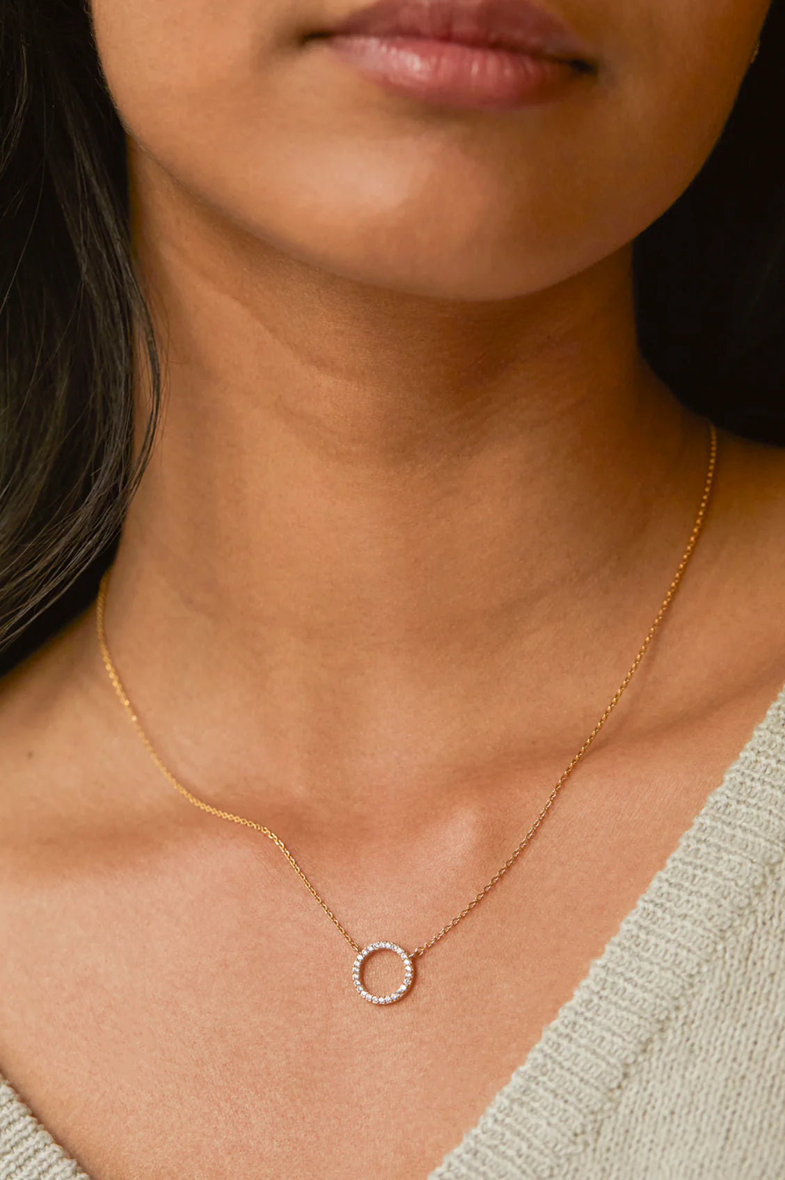 Large Pave Set Circle Cz Gold Plated Necklace