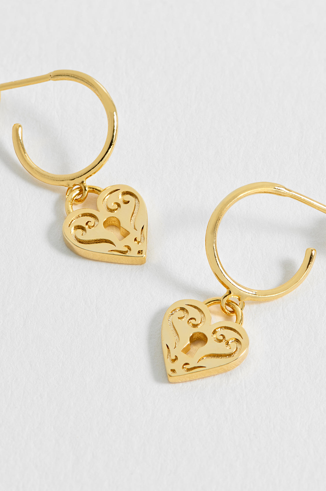 Gold Engraved Heart Padlock Hoop Earrings