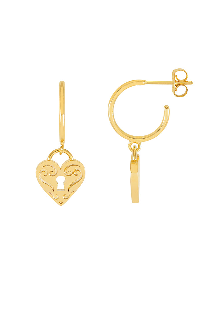 Gold Engraved Heart Padlock Hoop Earrings