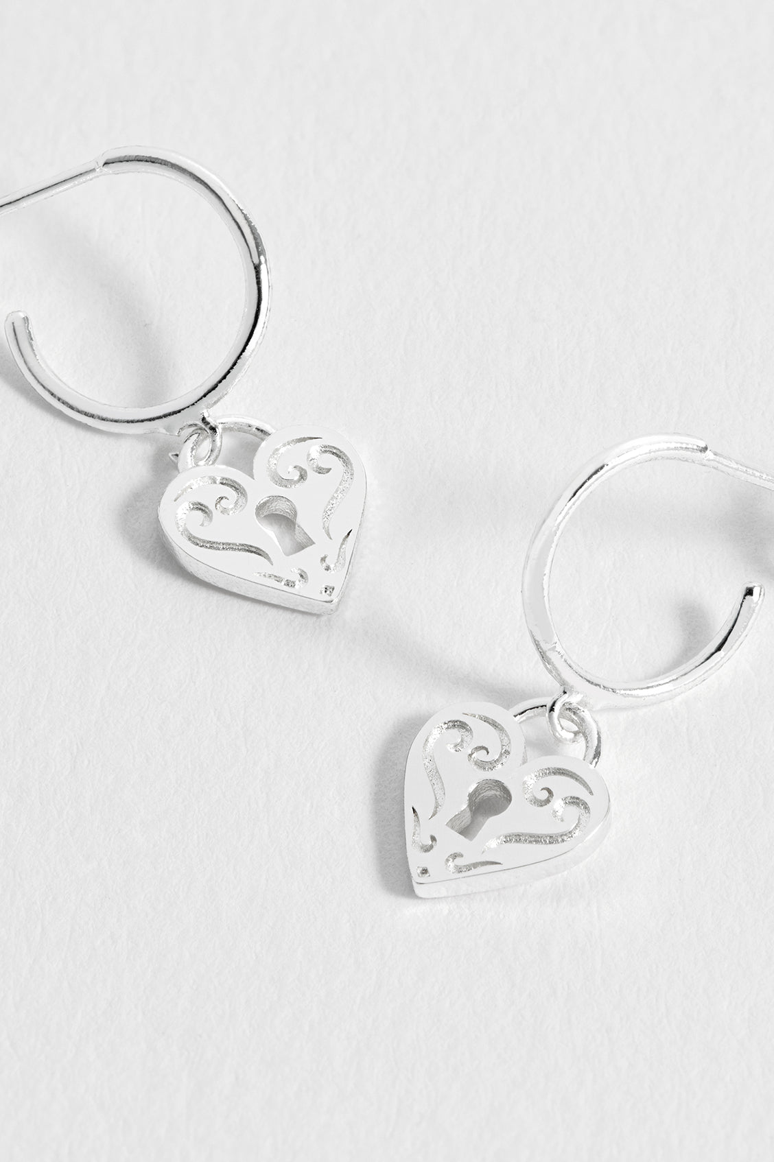 Silver Engraved Heart Padlock Hoop Earrings