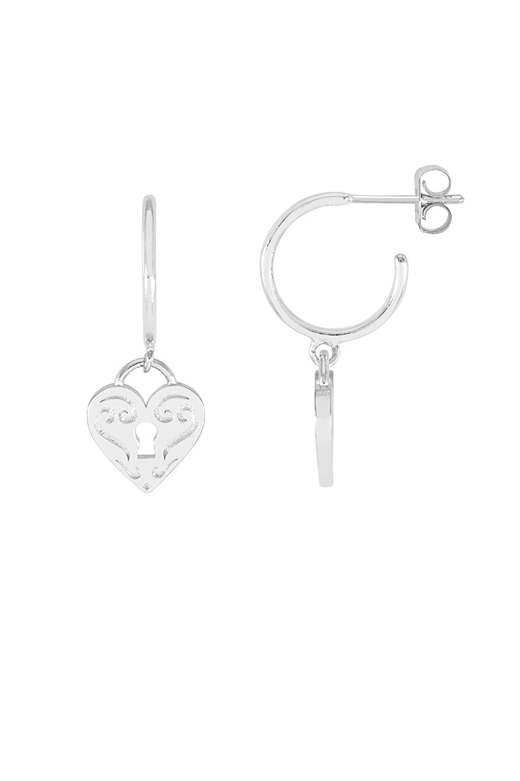 Silver Engraved Heart Padlock Hoop Earrings