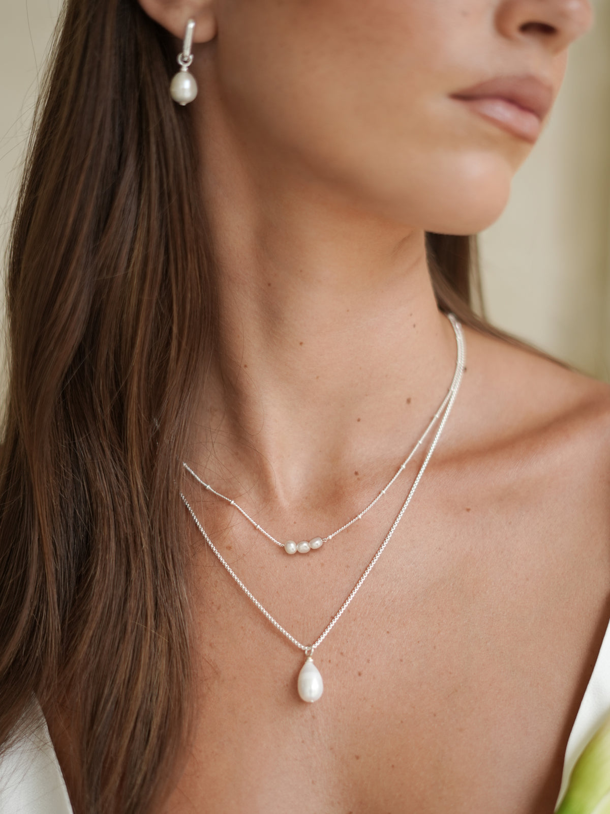 Beaded Chain And Pearl Silver Plated Necklace