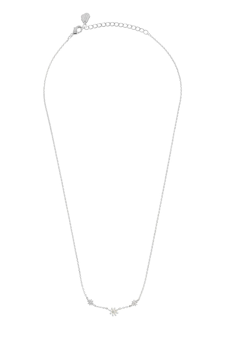 Triple Flower White Enamel Silver Plated Necklace
