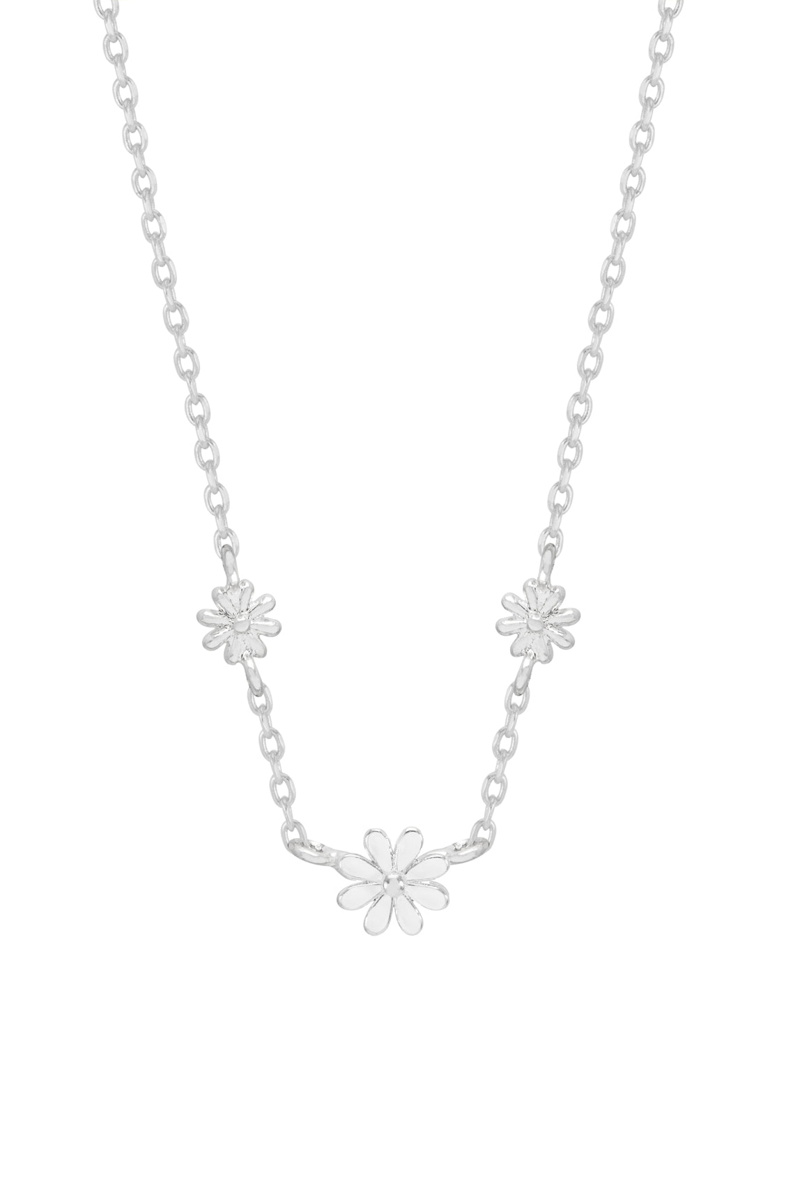 Triple Flower White Enamel Silver Plated Necklace