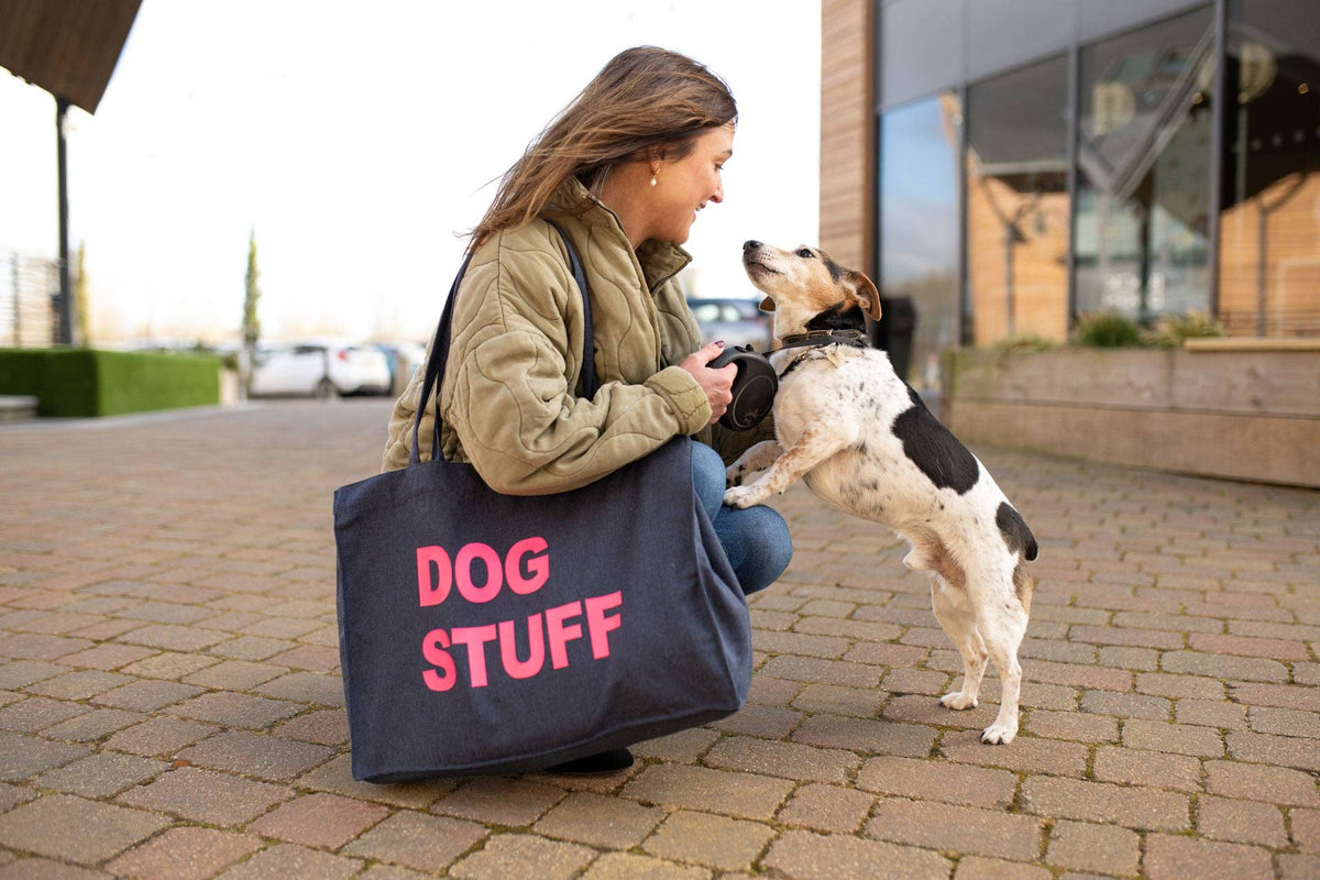 DENIM TOTE BAG WITH NEON PINK PRINT: HOLIDAY STUFF