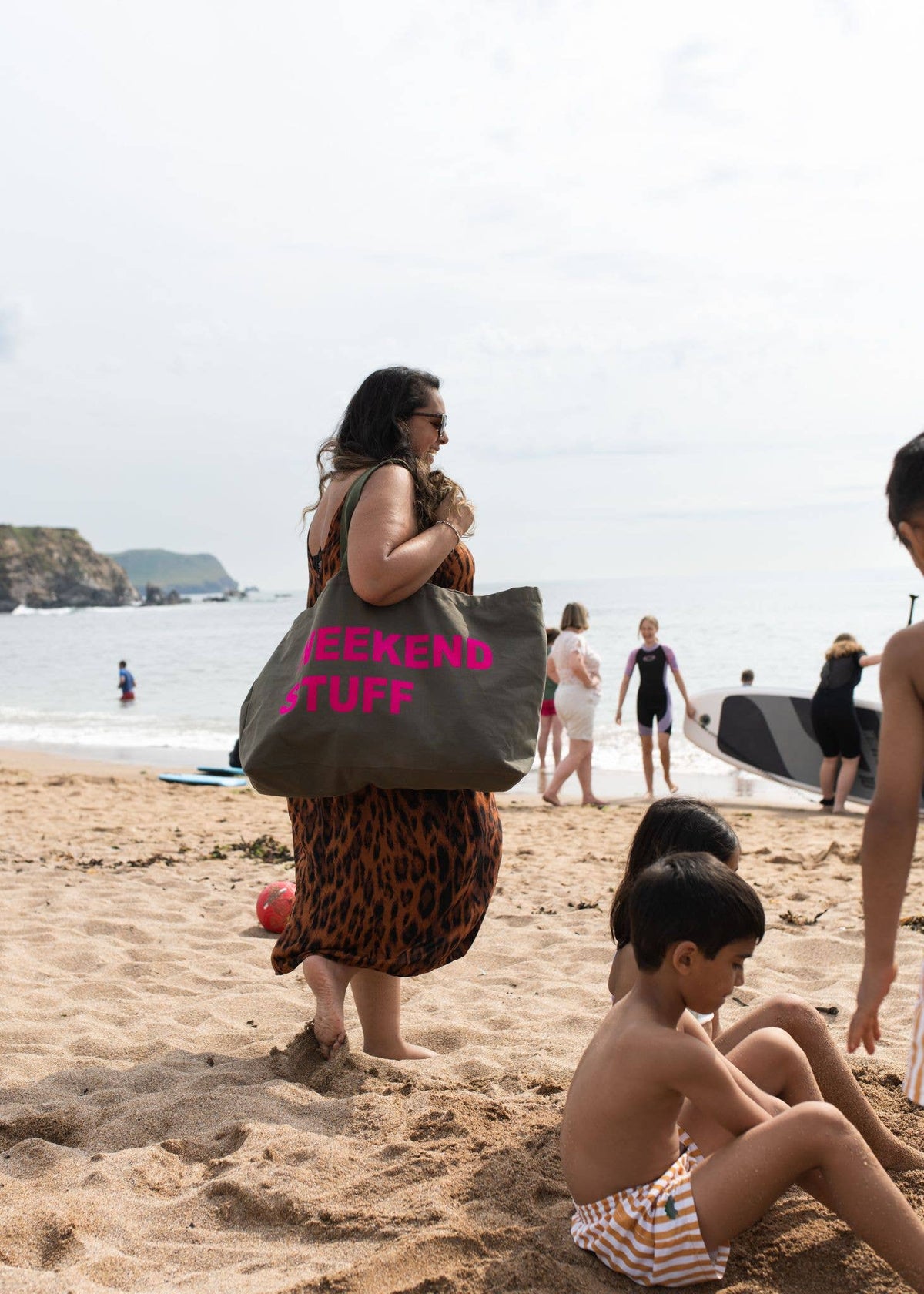 EXTRA LARGE FOREST GREEN TOTE BAG WITH NEON PINK PRINT: HOLIDAY STUFF