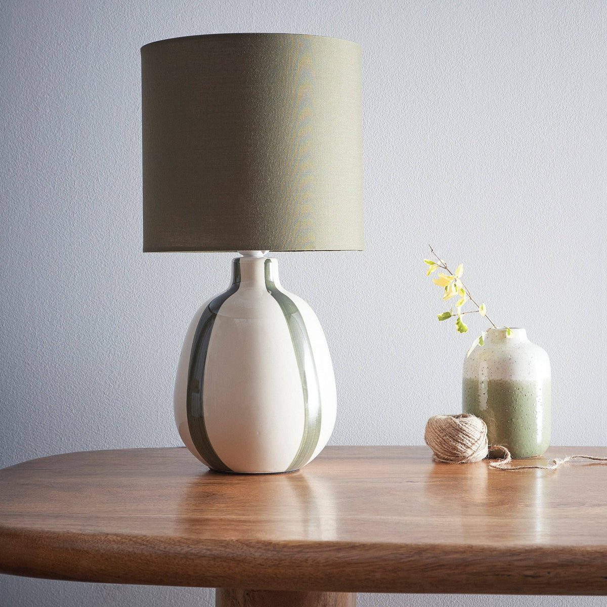 Painted Striped Ceramic Table Lamp with a round base and Matching shades, in Black, Blue, Green and Grey Colour options: Black