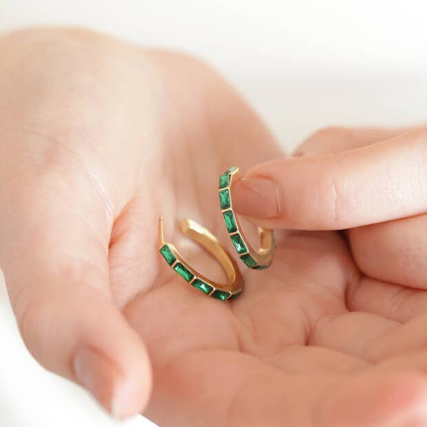 Green Baguette Crystal Hoop Earrings in Gold