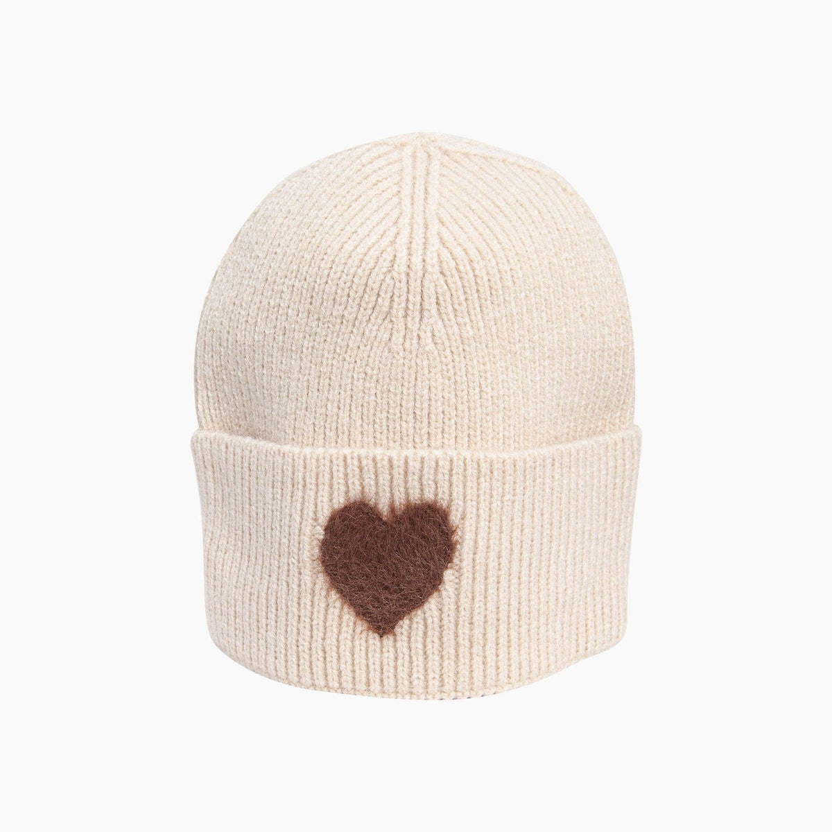 Fluffy Heart Beanie Hat in Cream/Brown: One Size