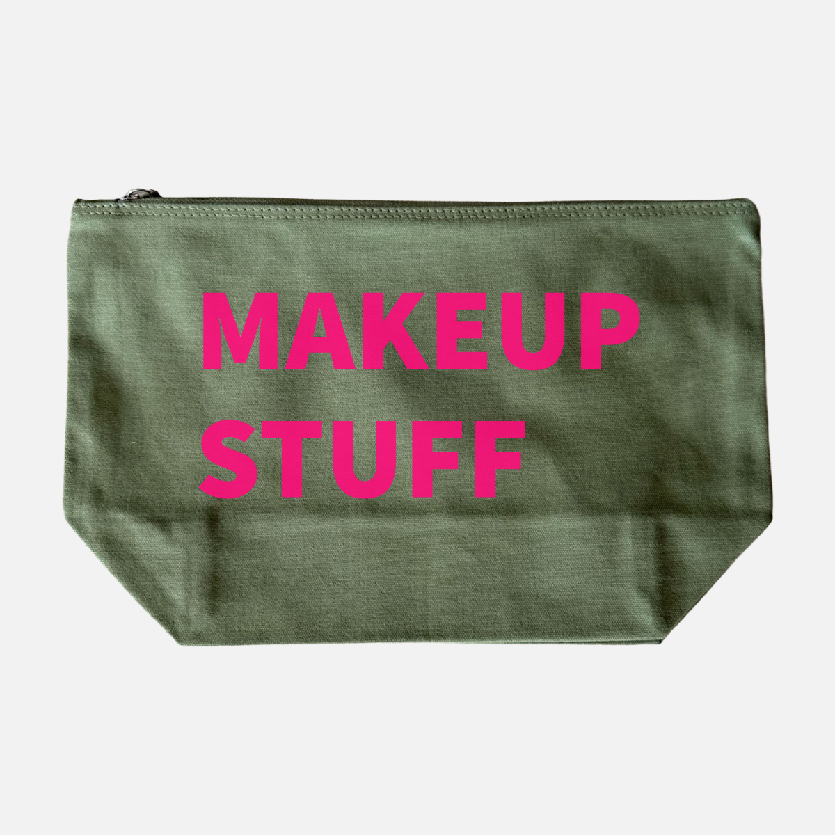 GREEN CANVAS POUCH WITH NEON PINK PRINT: HOLIDAY STUFF