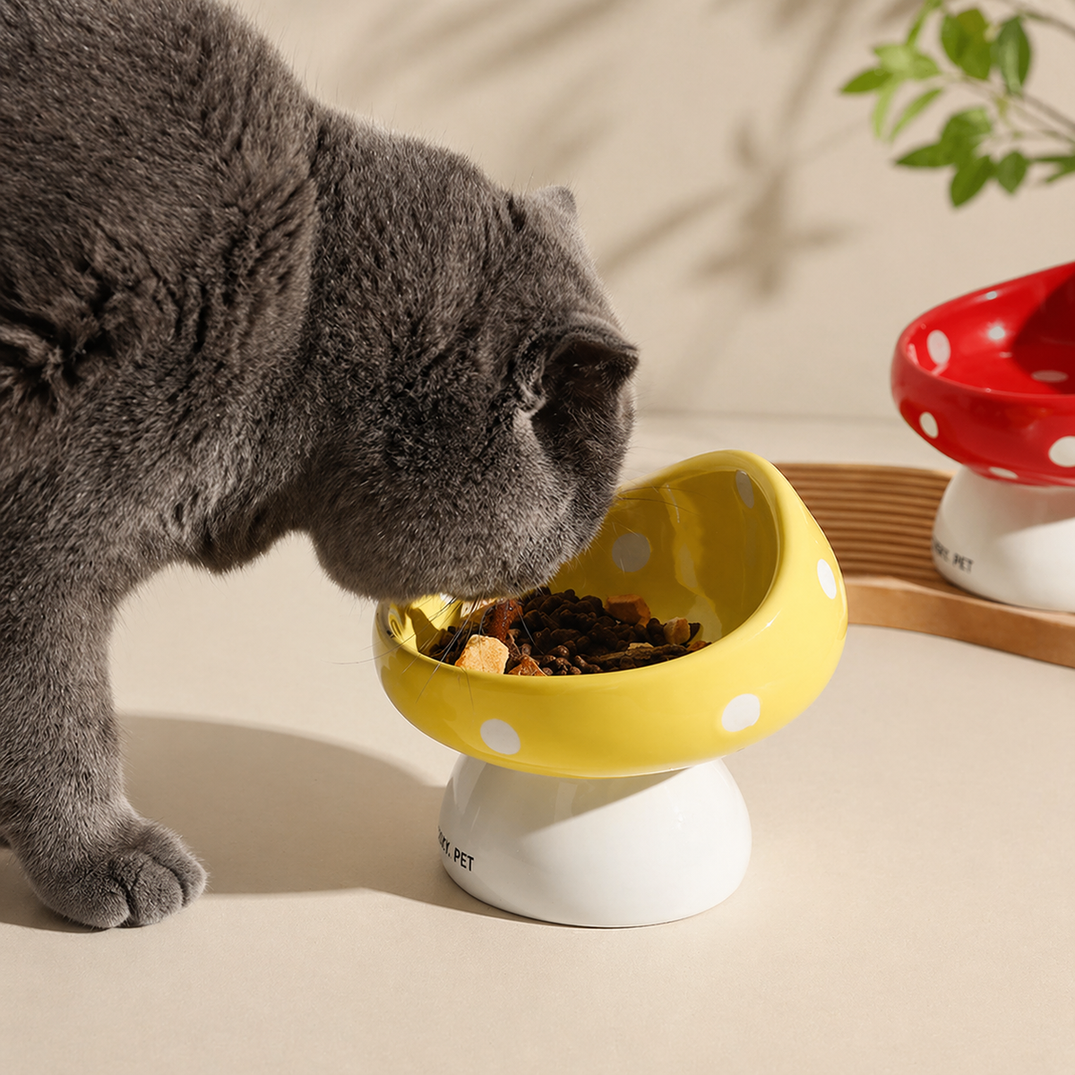 Mushroom Raised Cat Bowl Tilted Ceramic Pet Dish: Tall Red