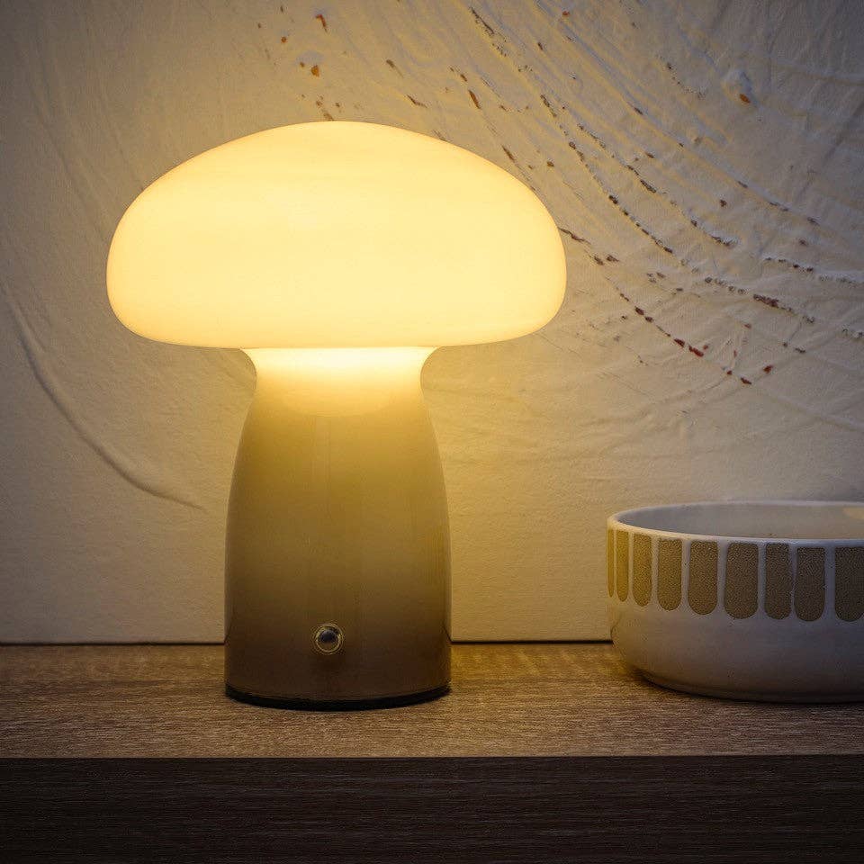Mushroom Toadstool Glass Table Lamp in White, Duck egg Blue, Green, Lemon, Mocha and Brown - Rechargeable Lamps: Mocha