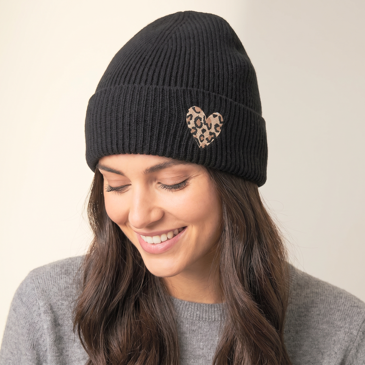Leopard Print Beanie Hat in Black: One Size