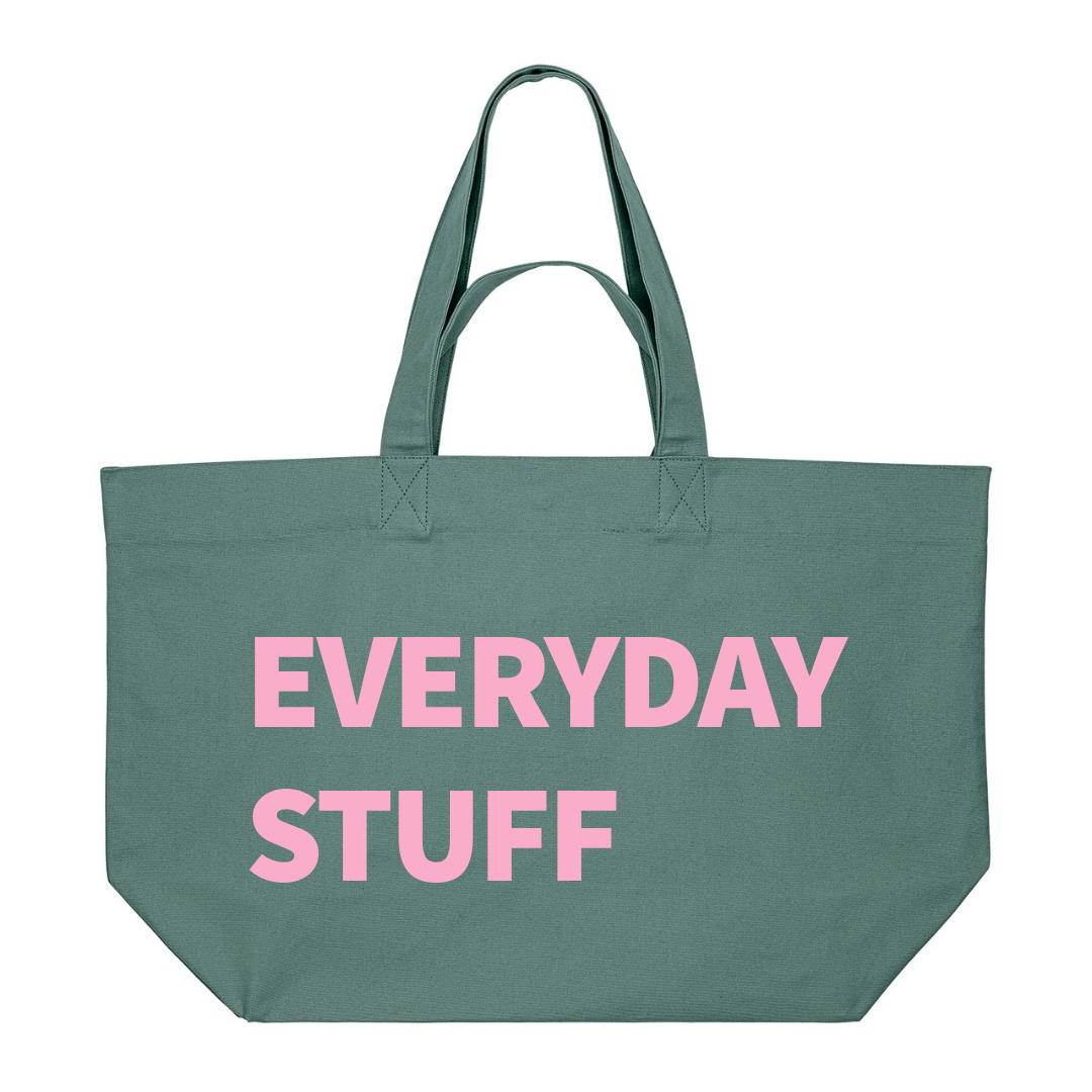PREMIUM GREEN TOTE BAG WITH BABY PINK PRINT: GYM STUFF