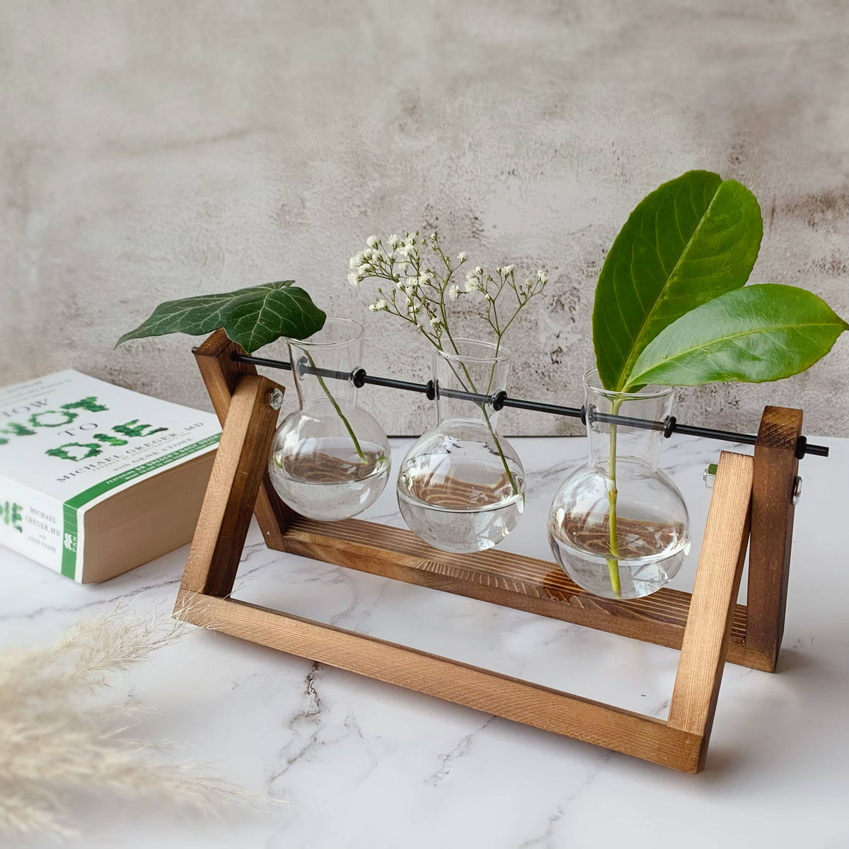 Glass Planter Bulb Vase with Wooden Stand: Frame 3 Glasses