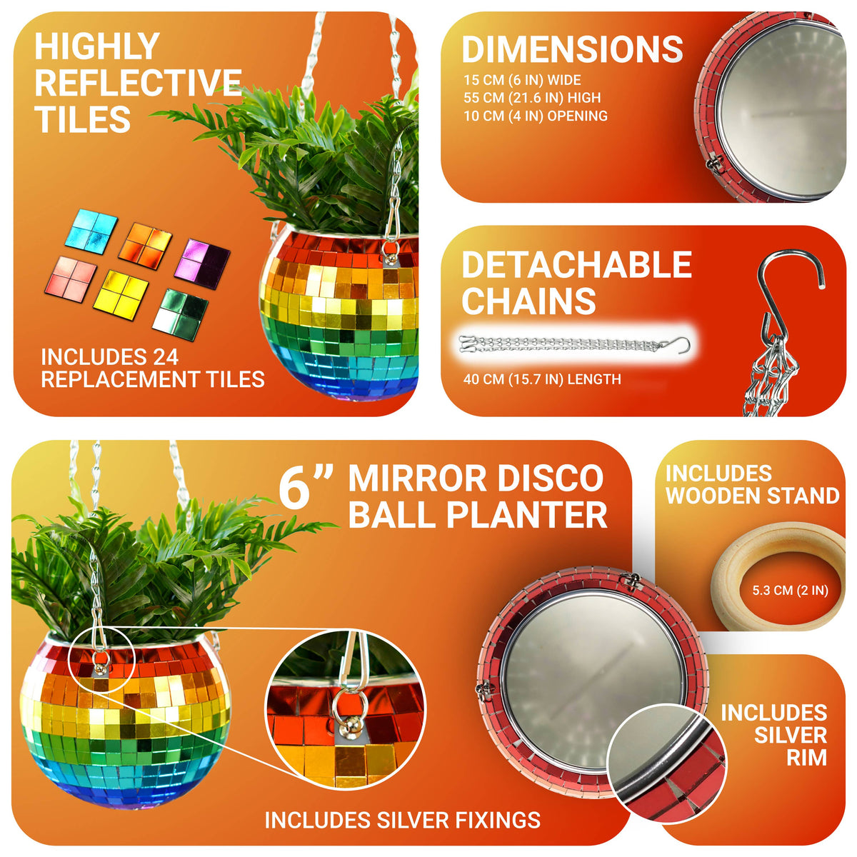 Disco Ball Hanging Planter Rainbow 6-inch | Gift & Home