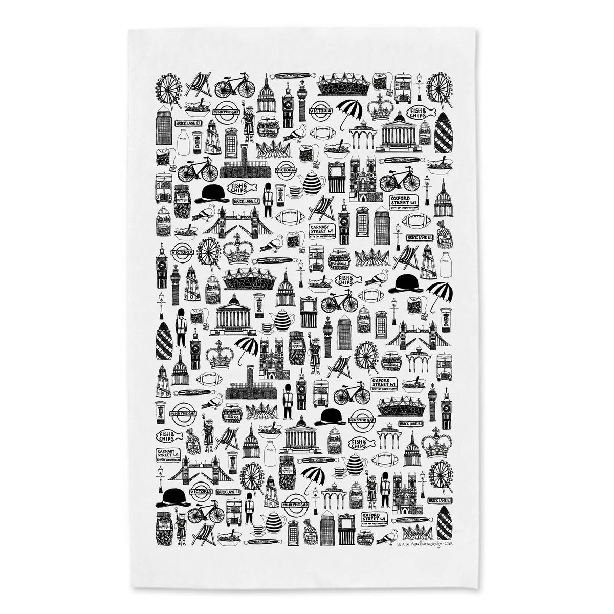 British Illustrated Black And White Tea Towel: Default Title