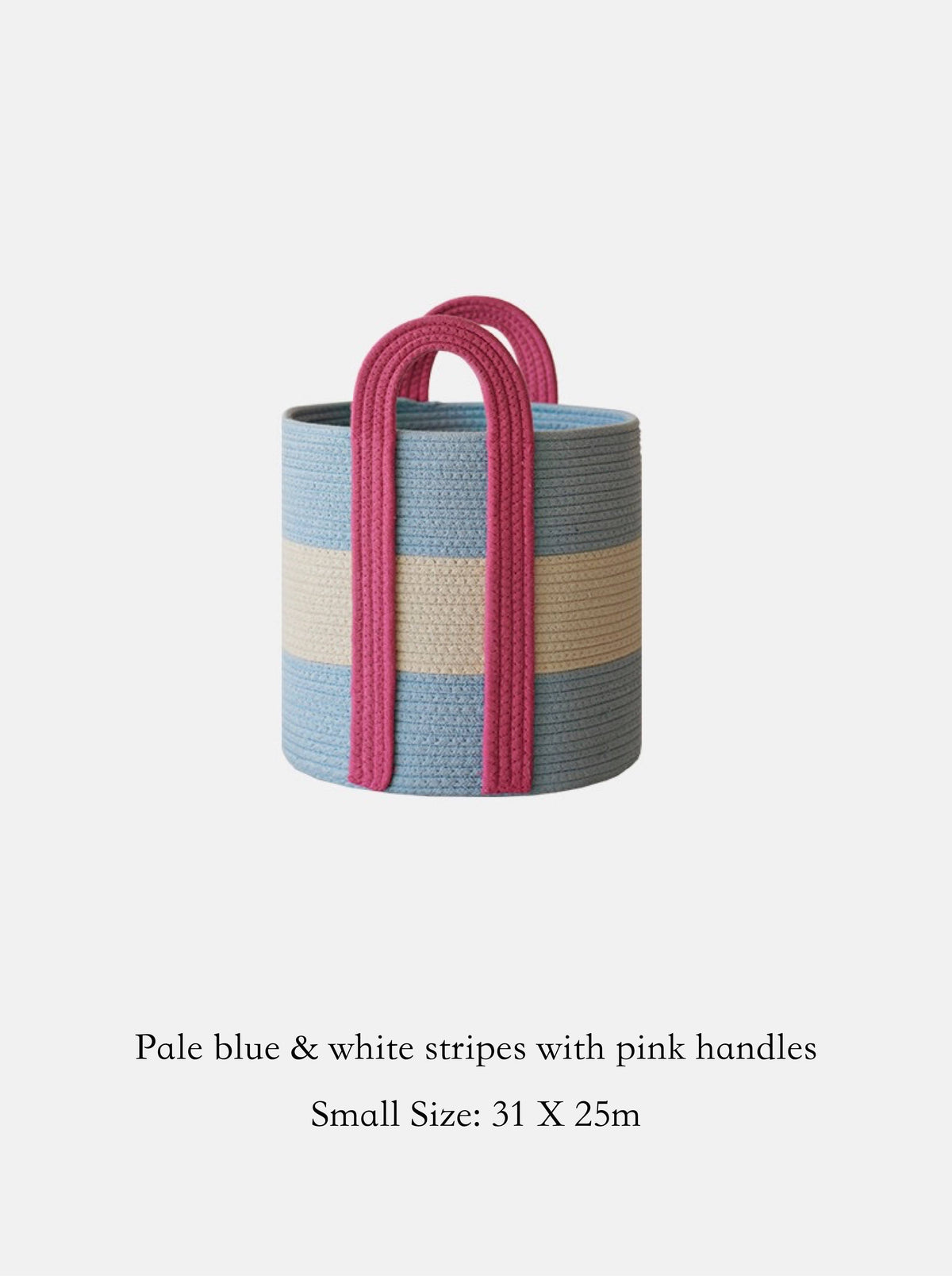 Woven Cotton Rope Storage Basket with Handles : Navy blue & white stripes with pale pink handles (31 x 25cm)