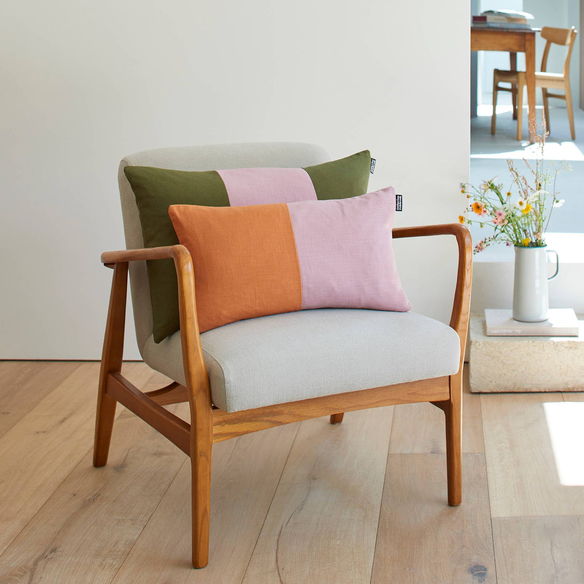 Double Colour Block Linen Cushion - Dusky / Ginger