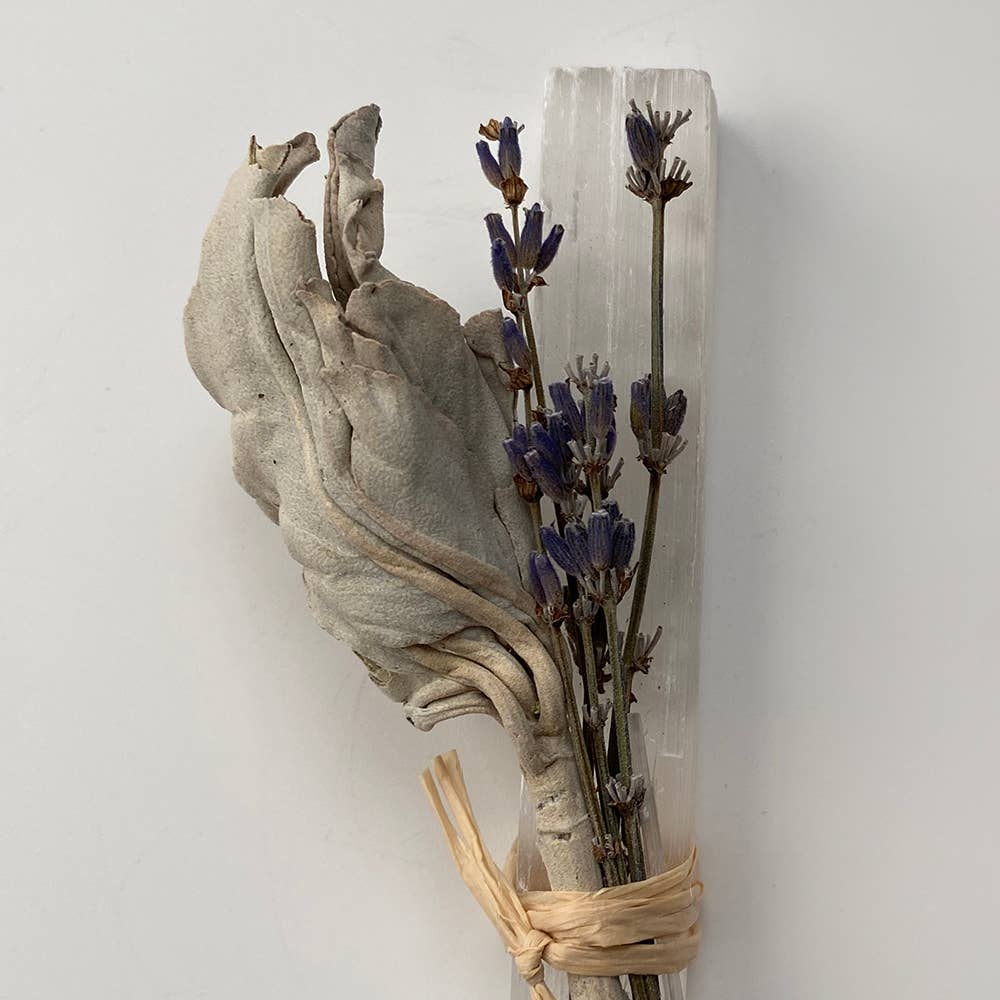 Mini Smudge Cluster, White Sage, Lavender &amp; Selenite Wand 4&quot;