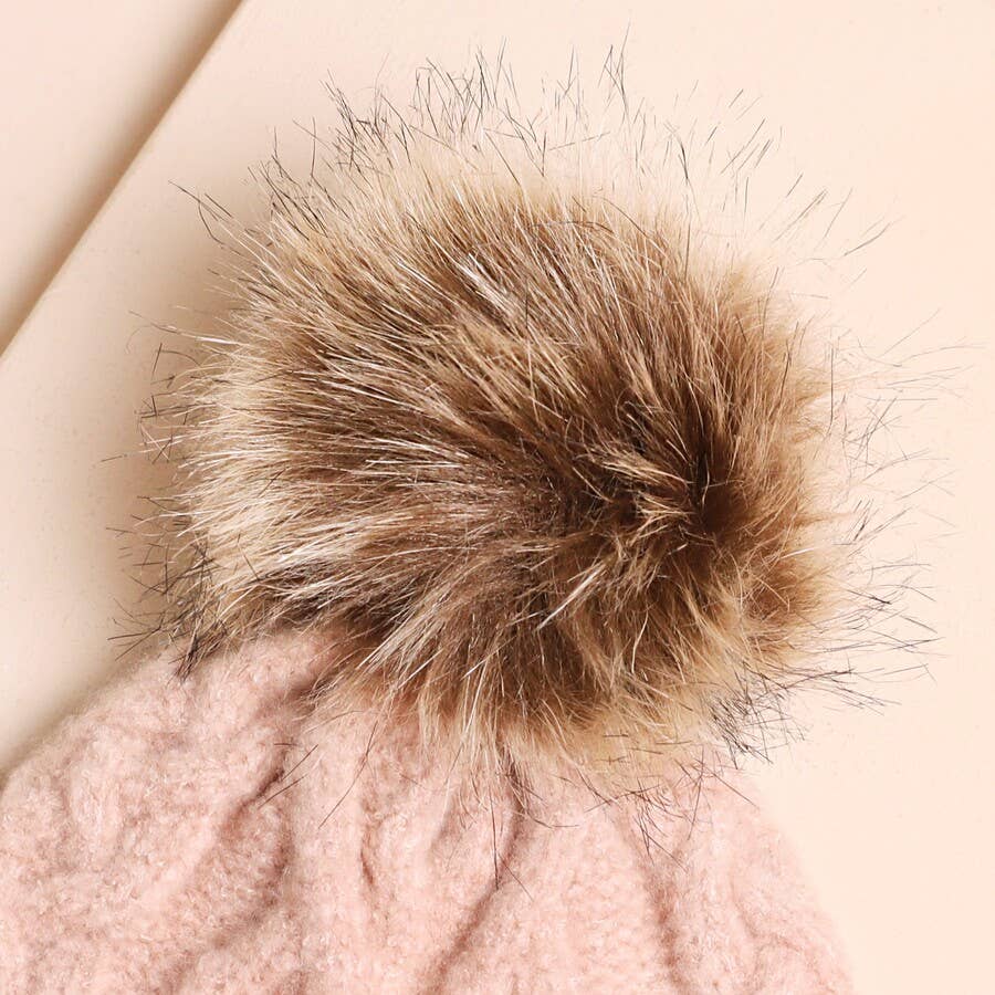 Pink Cable Knit Pom Pom Bobble Hat