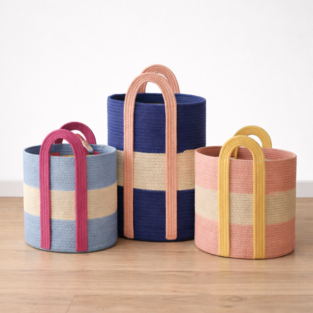 Woven Cotton Rope Storage Basket with Handles : Pale blue & white stripes with pink handles - 31 x 25cm