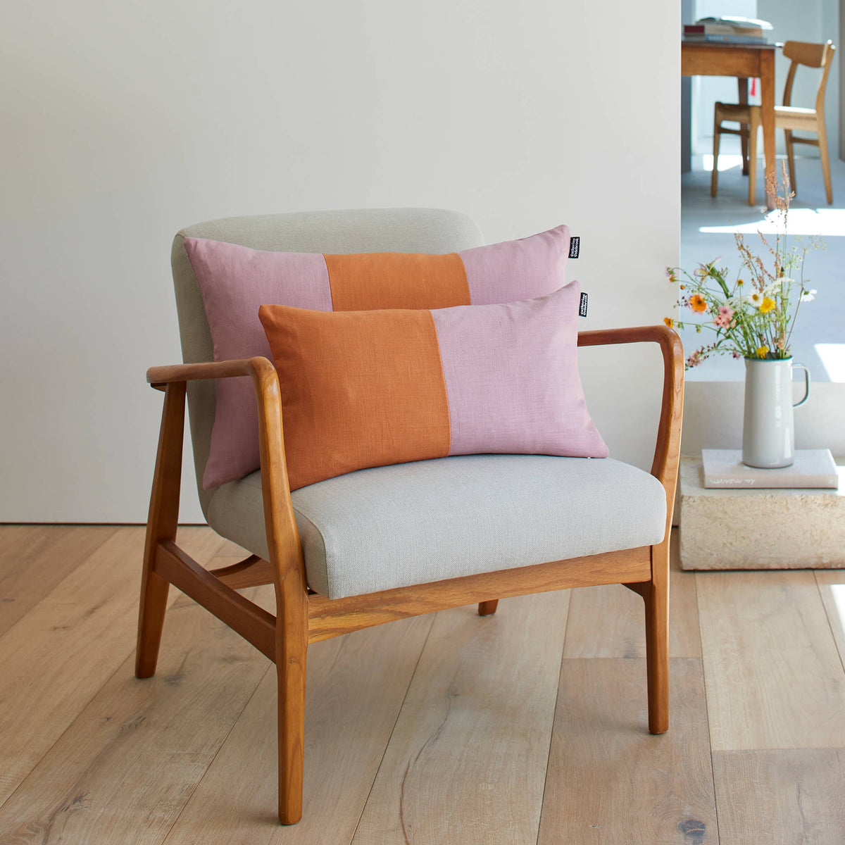 Double Colour Block Linen Cushion - Dusky / Ginger