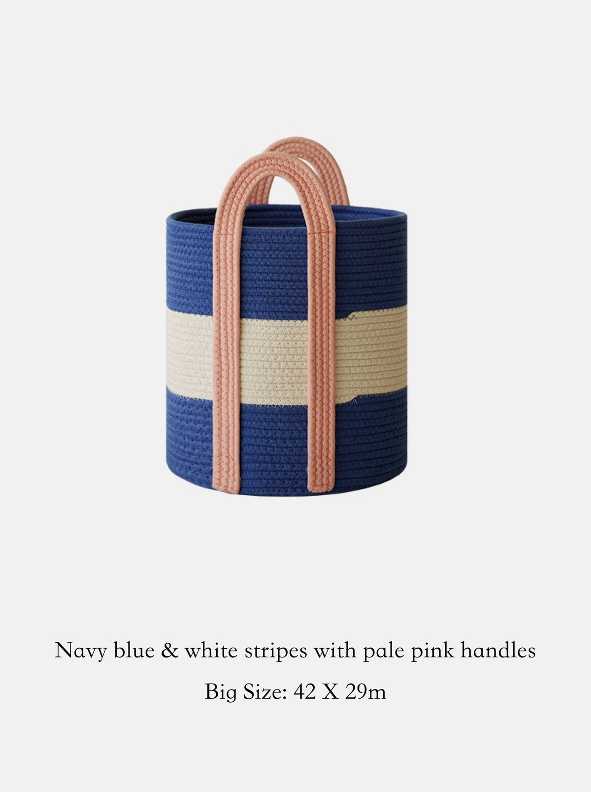 Woven Cotton Rope Storage Basket with Handles : Navy blue & white stripes with pale pink handles (31 x 25cm)