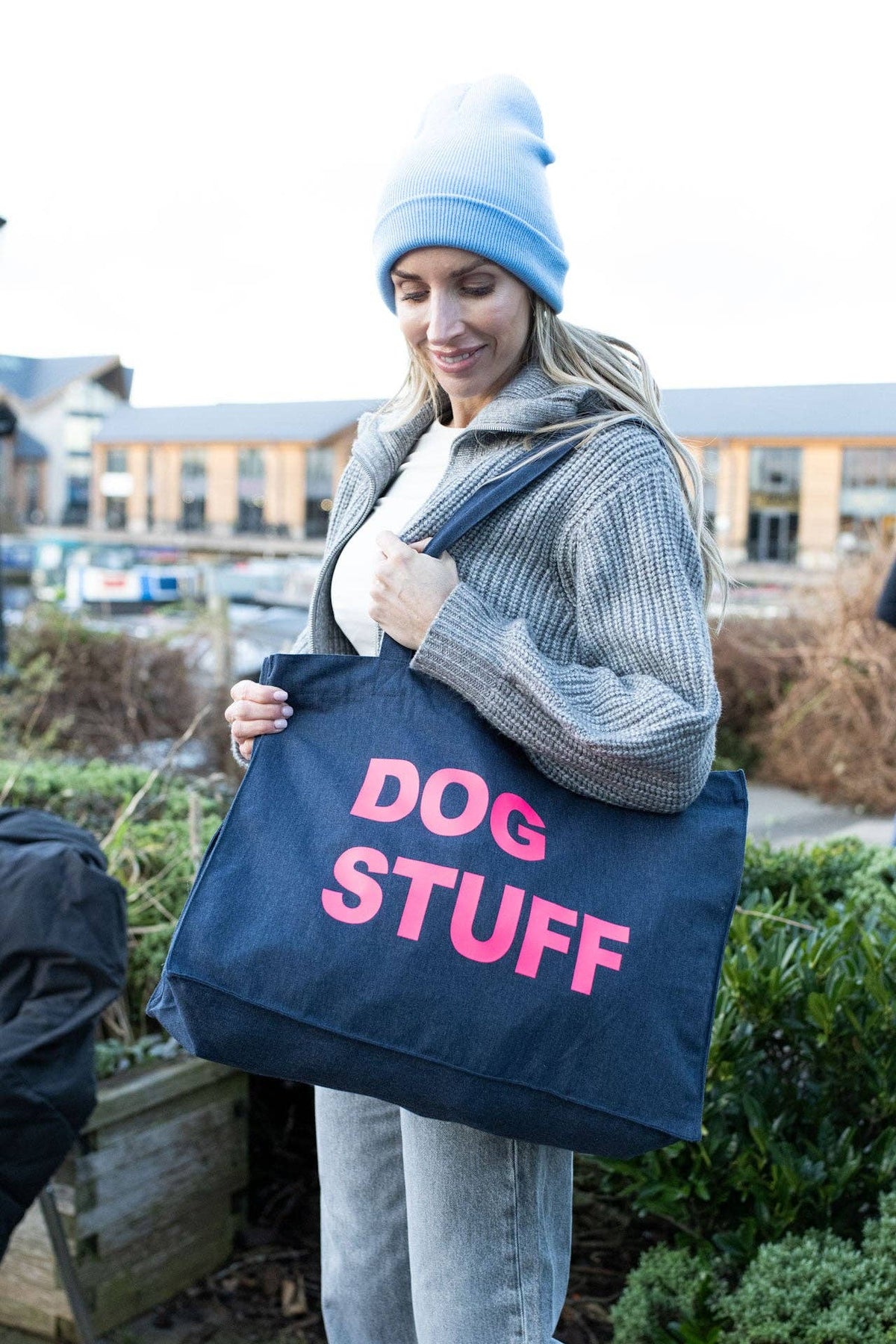 DENIM TOTE BAG WITH NEON PINK PRINT: HOLIDAY STUFF