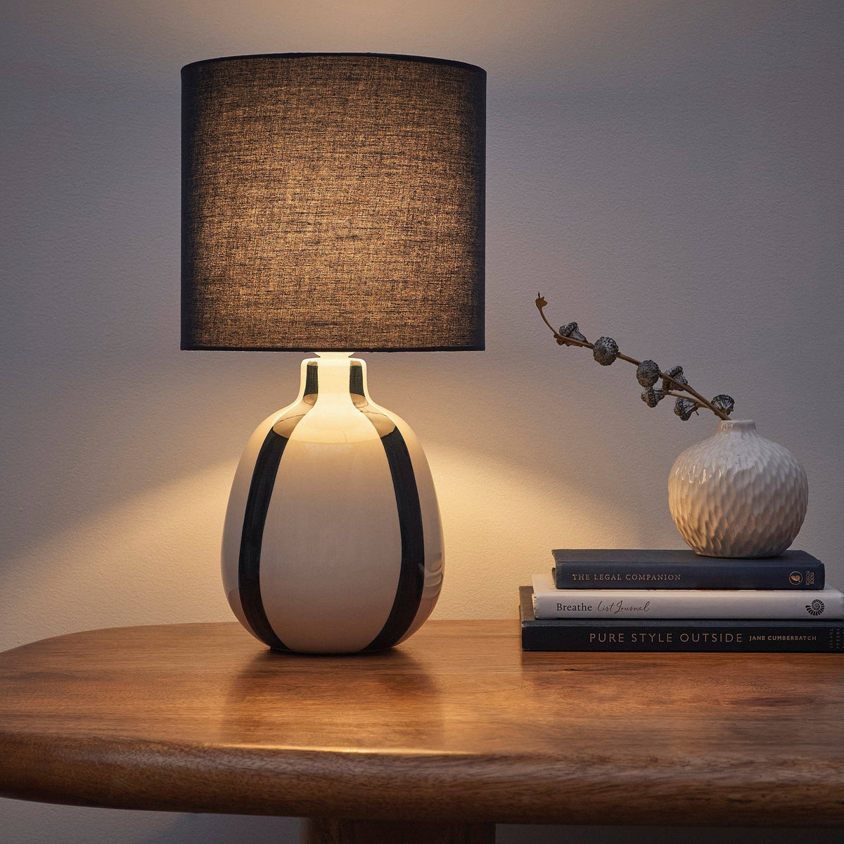 Painted Striped Ceramic Table Lamp with a round base and Matching shades, in Black, Blue, Green and Grey Colour options: Black