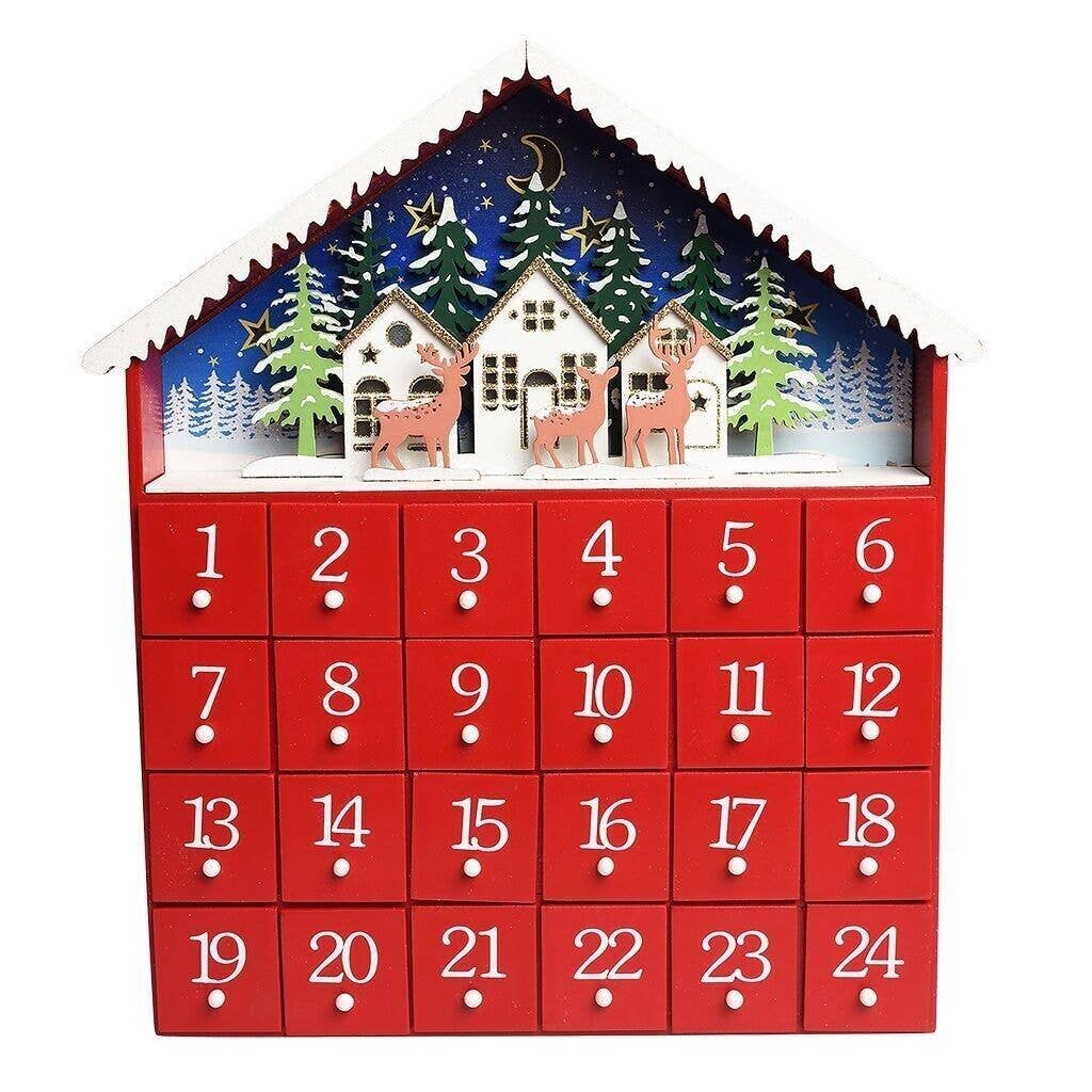 Wooden Advent Calendar With Led Lights - Red House