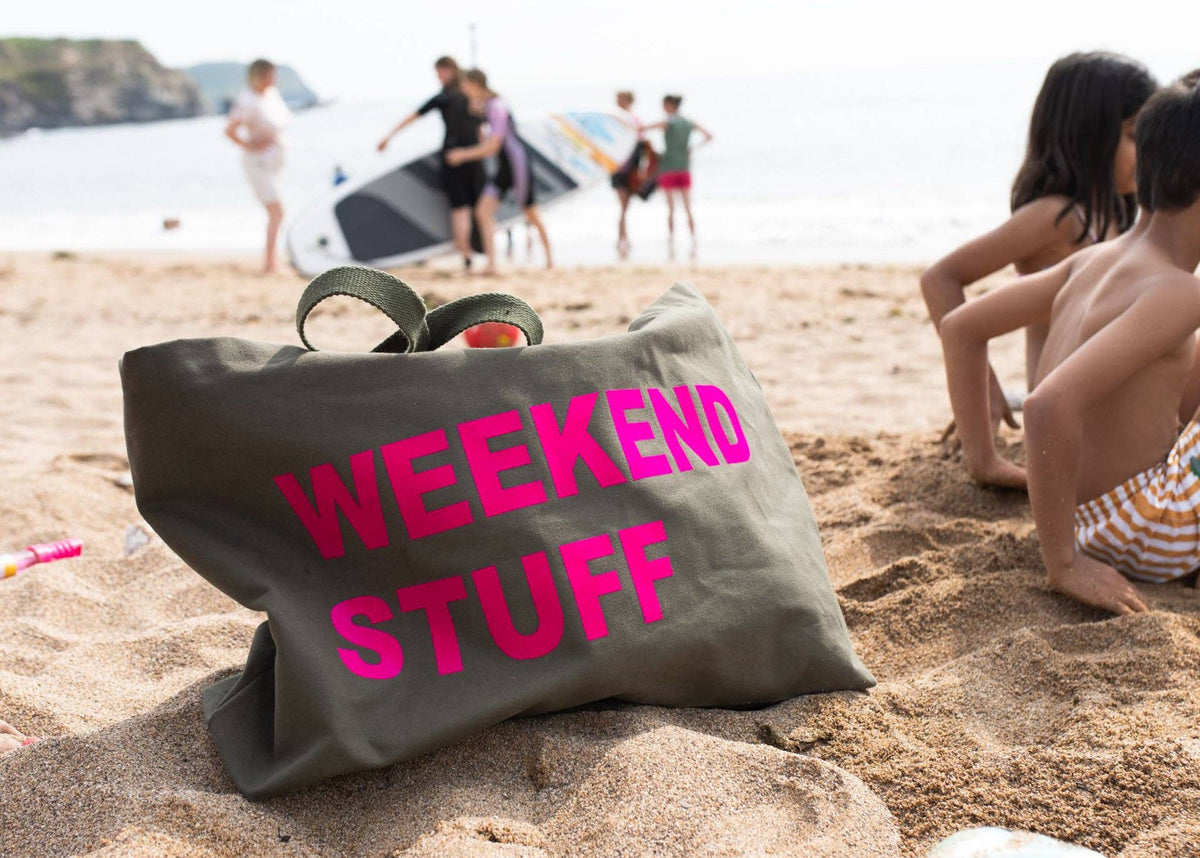 EXTRA LARGE FOREST GREEN TOTE BAG WITH NEON PINK PRINT: HOLIDAY STUFF