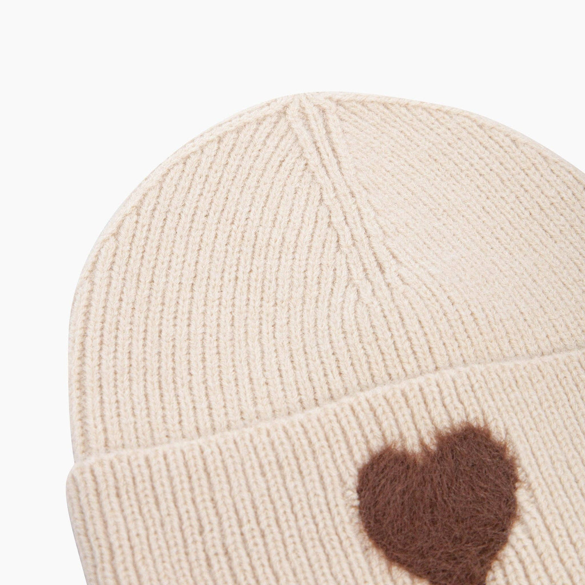 Fluffy Heart Beanie Hat in Cream/Brown: One Size