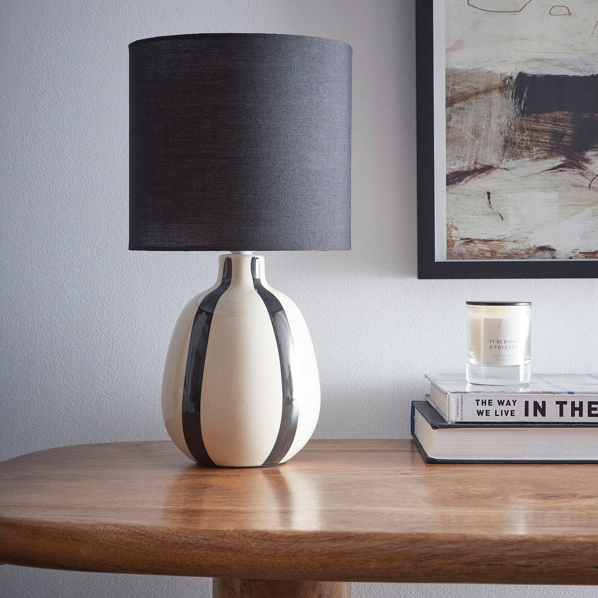 Painted Striped Ceramic Table Lamp with a round base and Matching shades, in Black, Blue, Green and Grey Colour options: Black