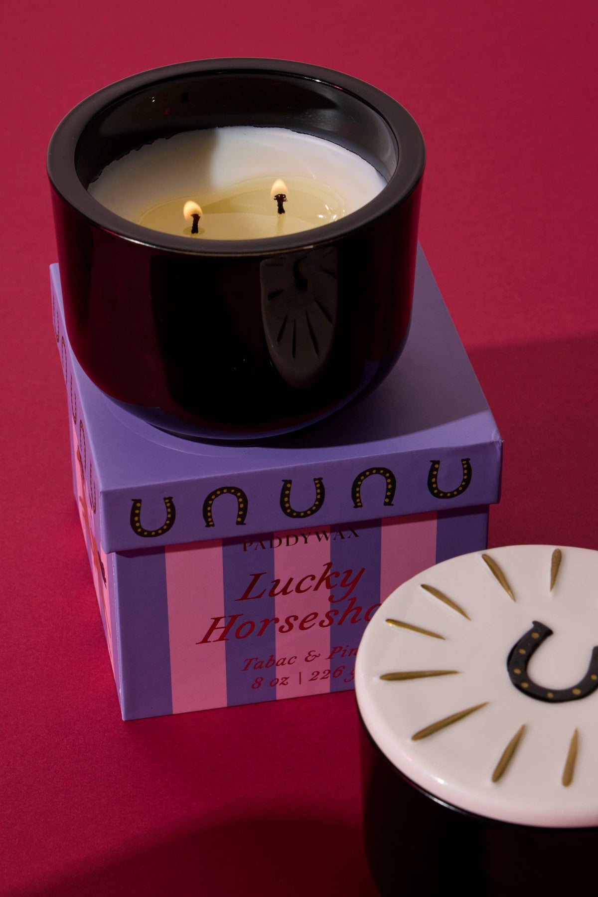 Charmed 8oz/226g Black Glass Candle with Horseshoe Lid - Tabac & Pine