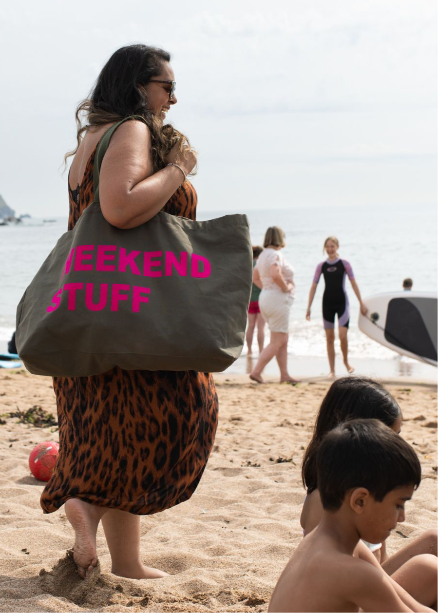 EXTRA LARGE FOREST GREEN TOTE BAG WITH NEON PINK PRINT: HOLIDAY STUFF