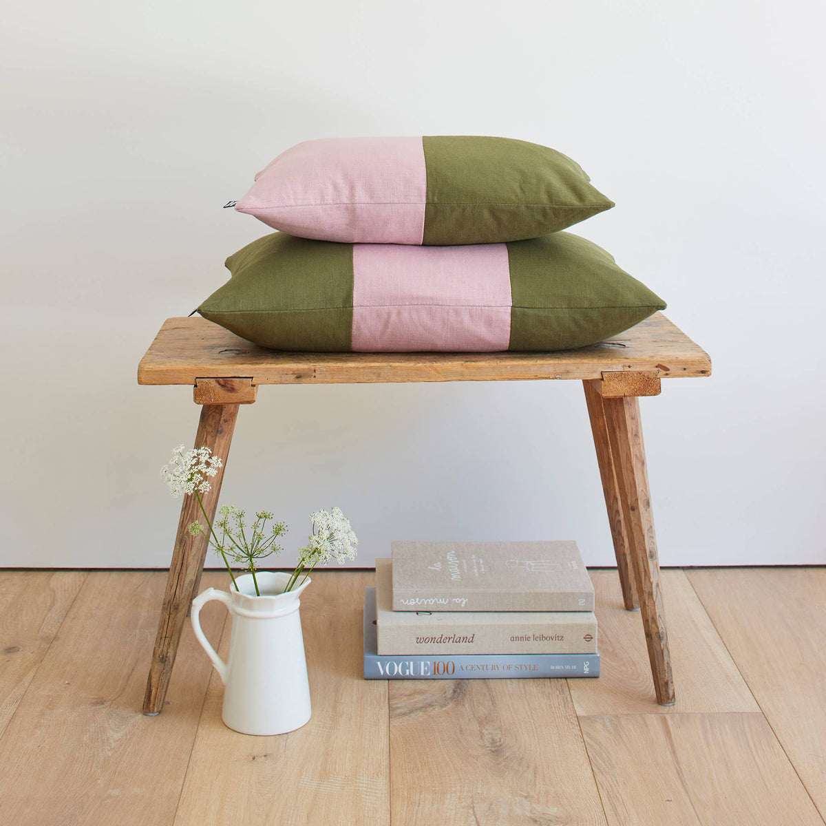 Double Colour Block Linen Cushion - Dusky / Jungle