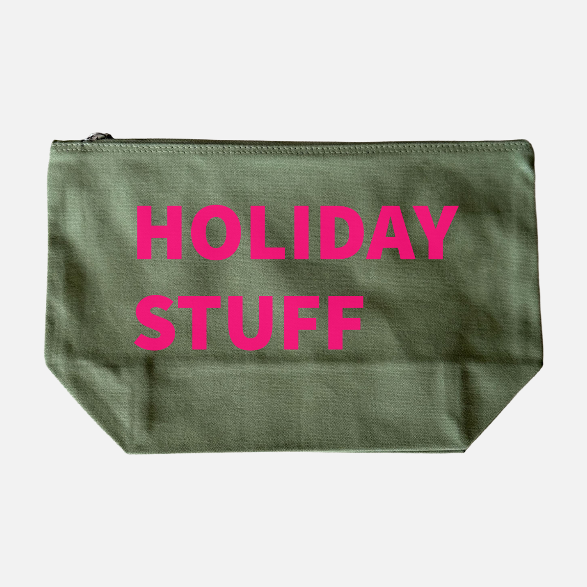 GREEN CANVAS POUCH WITH NEON PINK PRINT: HOLIDAY STUFF