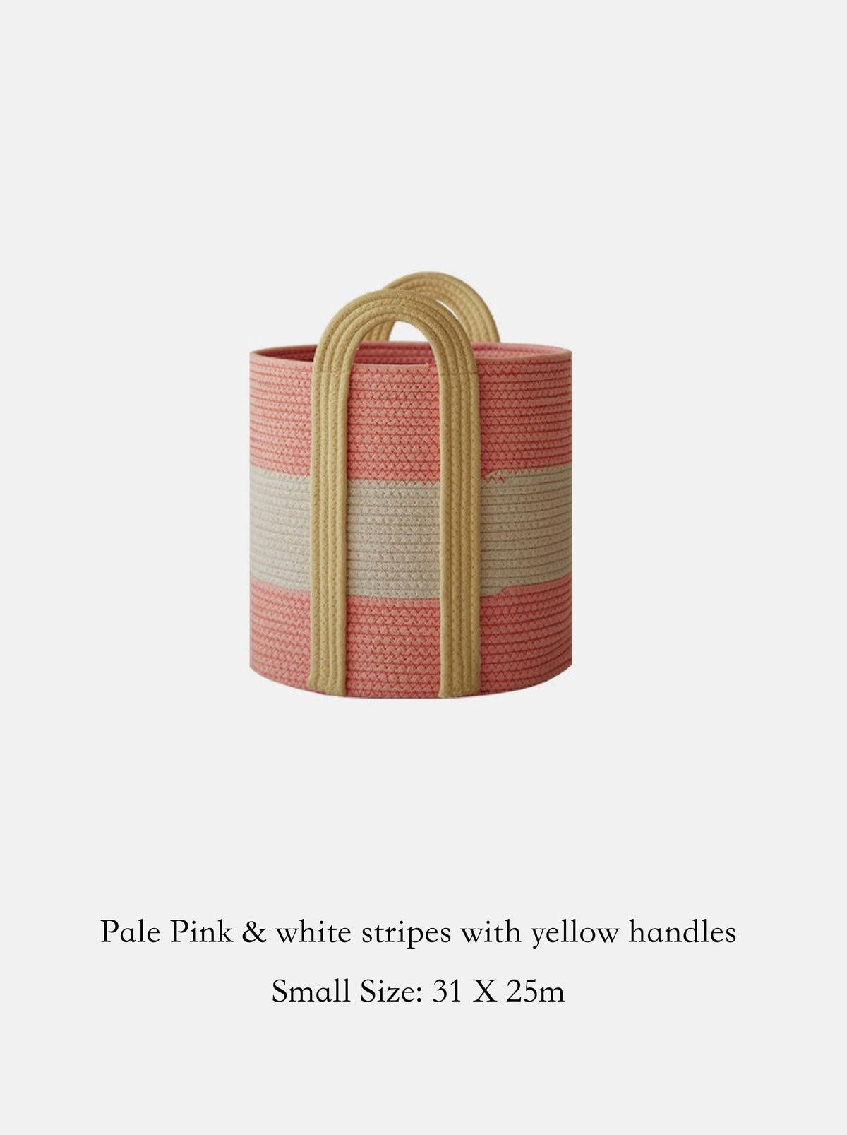 Woven Cotton Rope Storage Basket with Handles : Pale blue & white stripes with pink handles - 31 x 25cm
