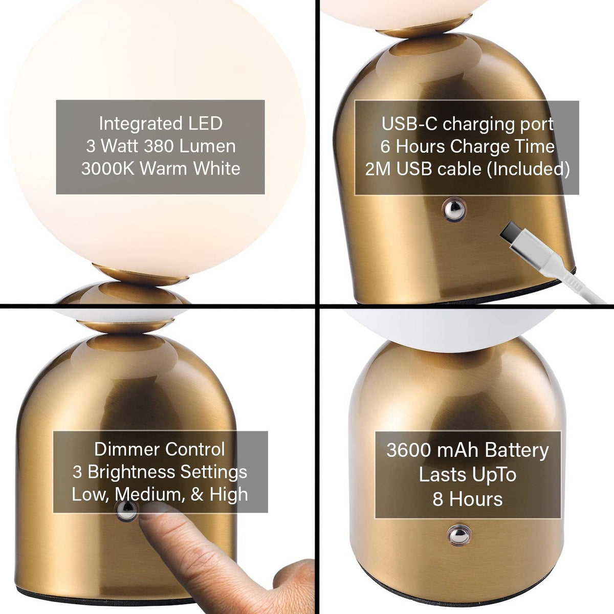 Modern Satin Gold Rechargeable Touch Dimmable Table Lamp with Opal Globe Shade