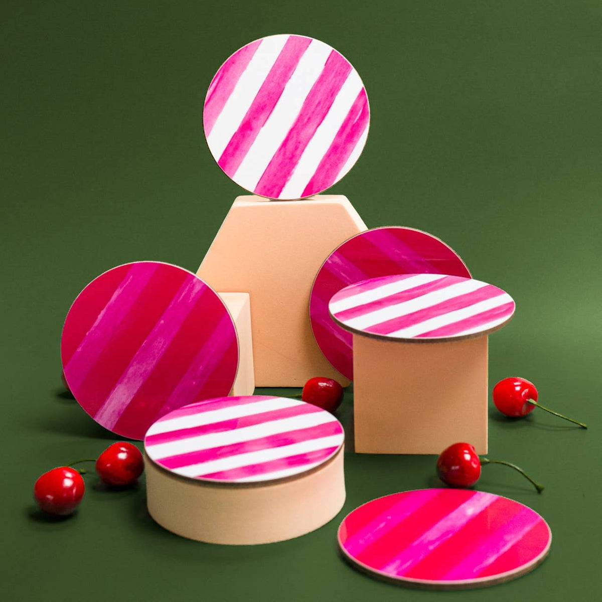 Raspberry & Cherry (Stripes) Round Coaster